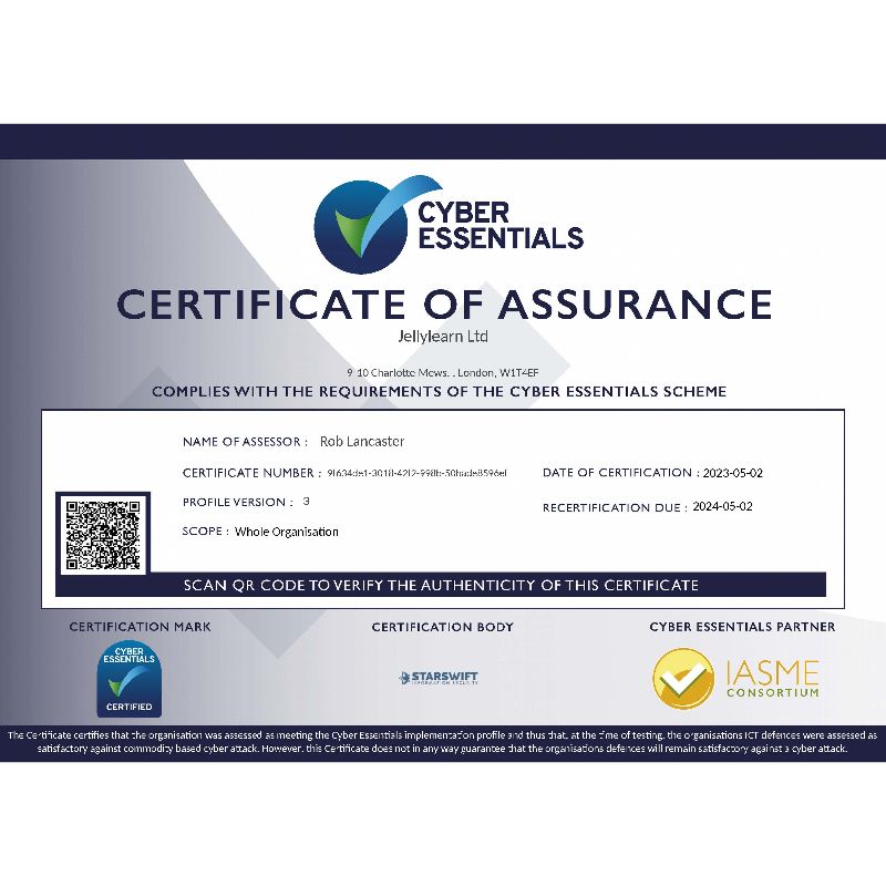 Image representing Jellylearn passes Cyber Essential Certification from Jellylearn